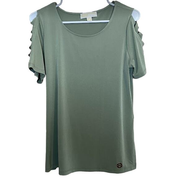 Michael Kors‎ Women's Olive Green Cut Out Sleeves Scoop Neck Blouse Top Medium - Picture 1 of 7
